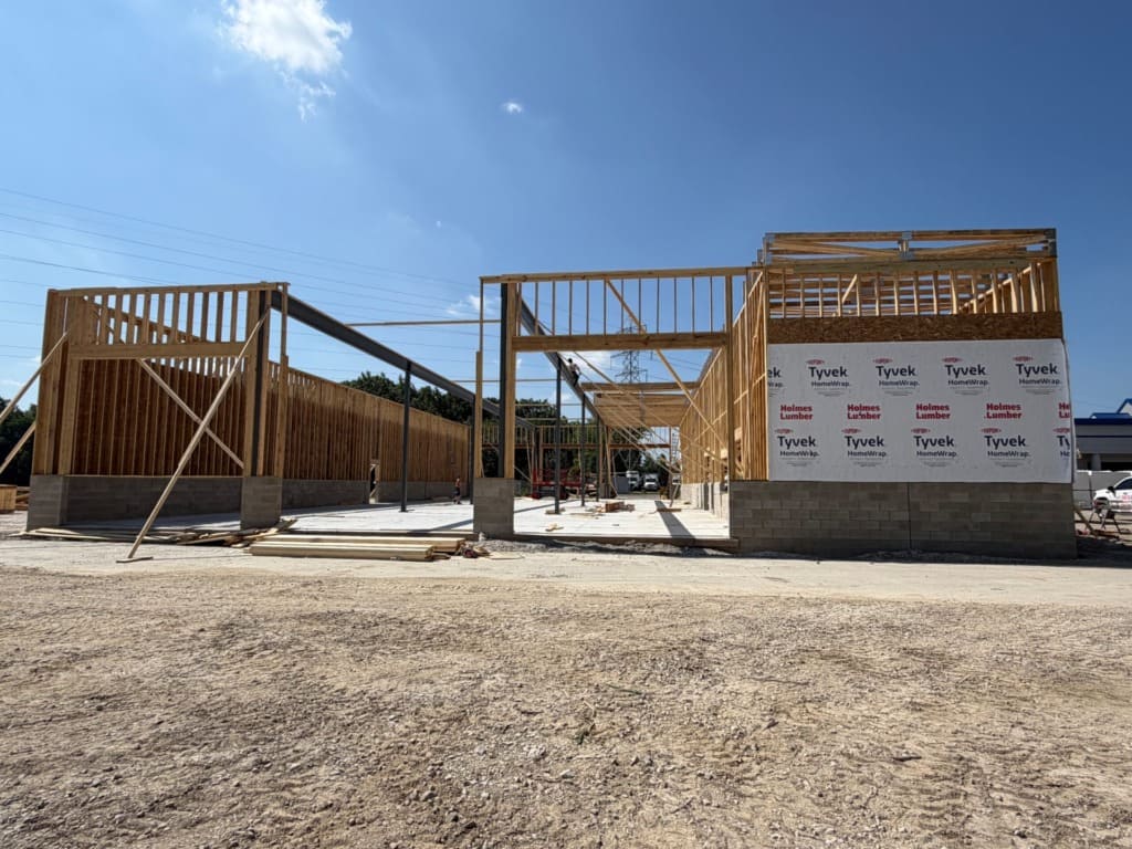 Commercial building framing on a concrete slab